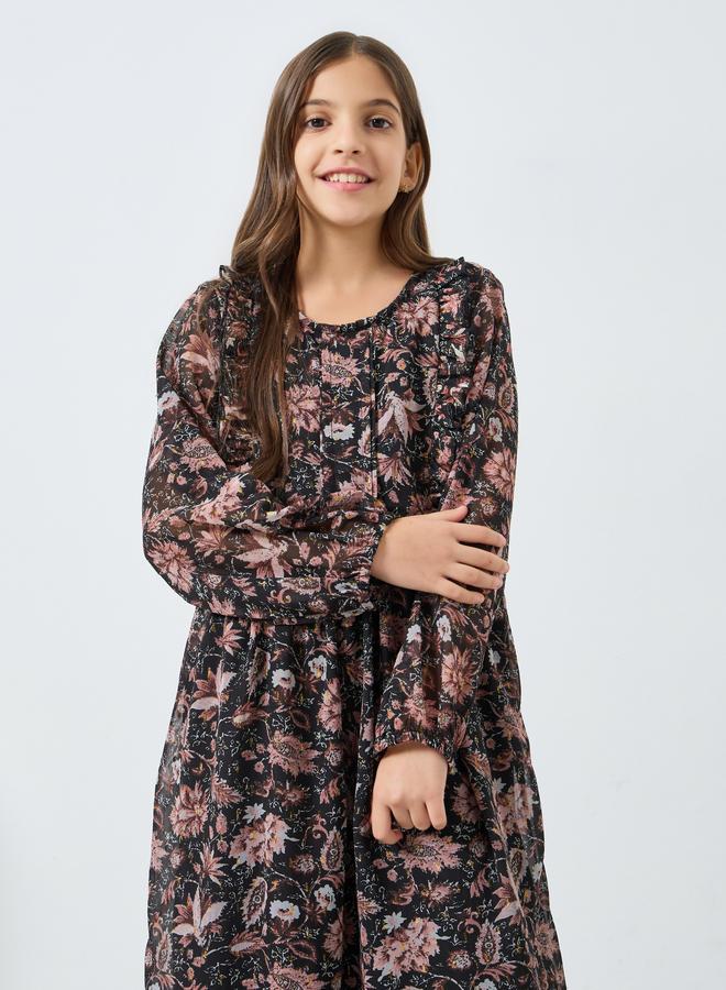 Styli Girls Black Floral Print Long Sleeve Dress - Image 1